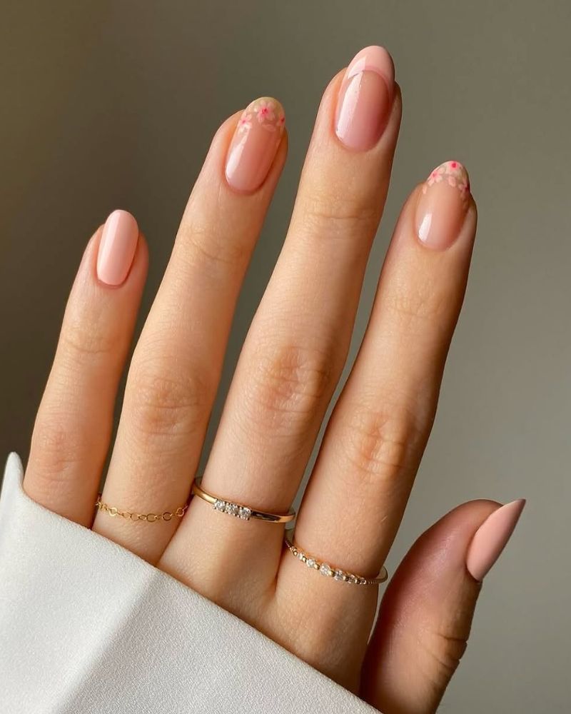 Sheer Pink French Tip Floral Accent Short Almond Nails — Nude Nails