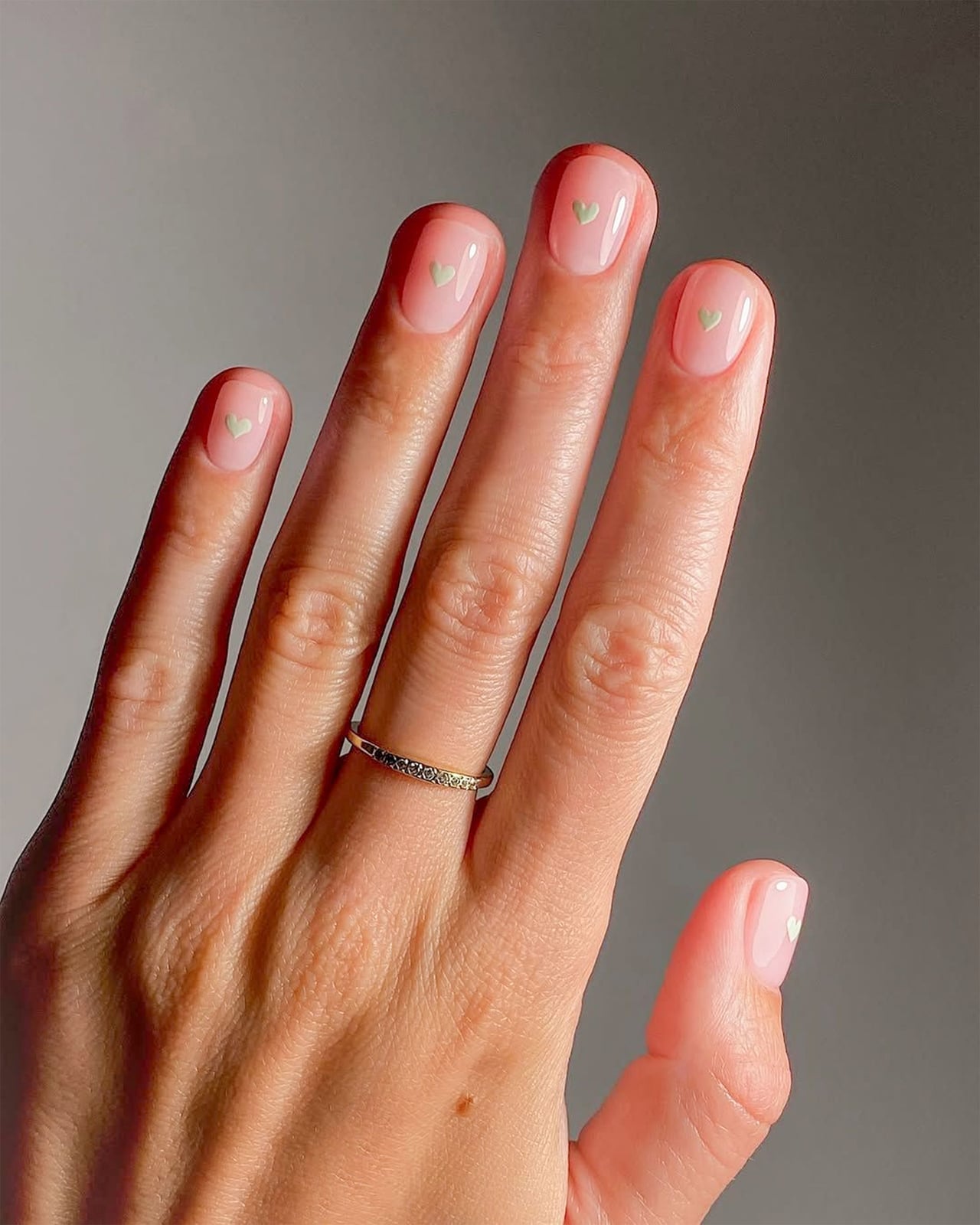 Sheer Pink Nude Glossy Short Oval Nails with Heart Art — Nude Nails