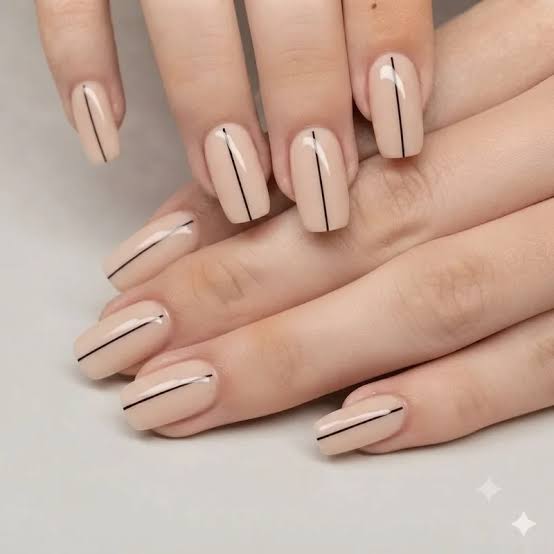 Sheer Nude Glossy Short Almond Nails with Black Lines — Nude Nails