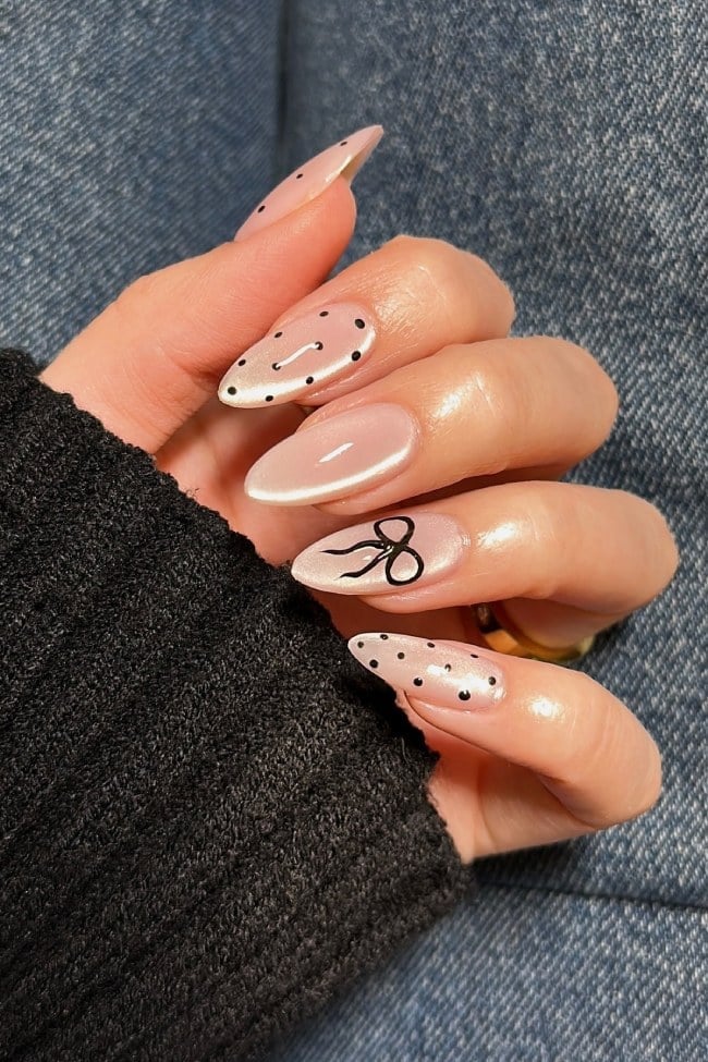 Sheer Nude Glossy Long Almond Nails with Polka Dots and Bows — Nude Nails