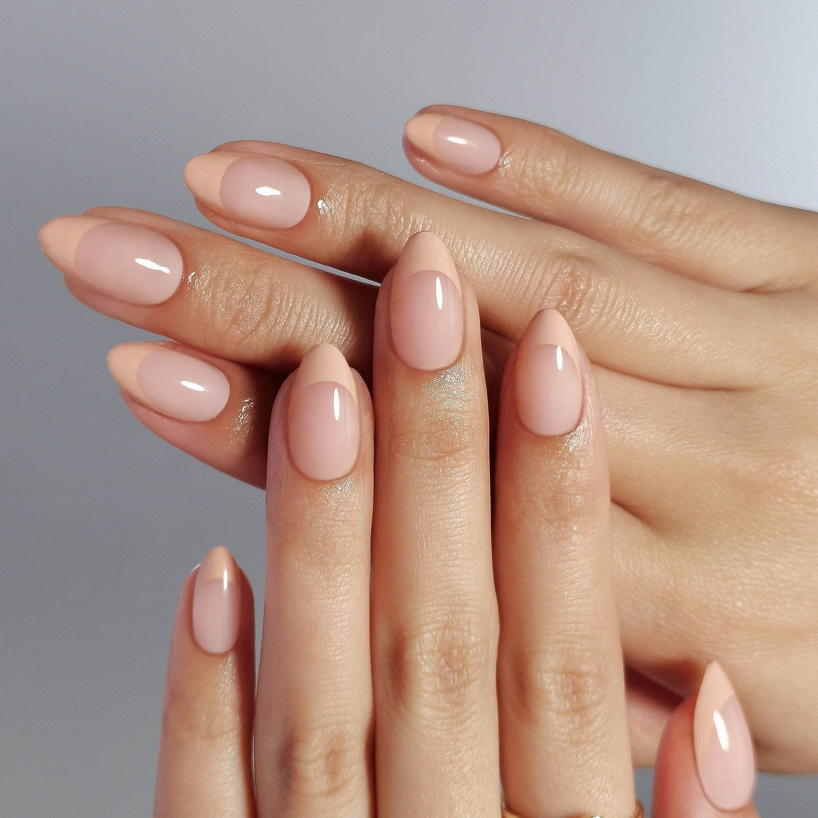 Nude Base Soft Peach French Tip Medium Almond Nails — Nude Nails