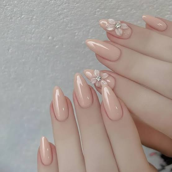 Sheer Nude Pink Glossy Medium Almond Nails with 3D Flowers — Nude Nails
