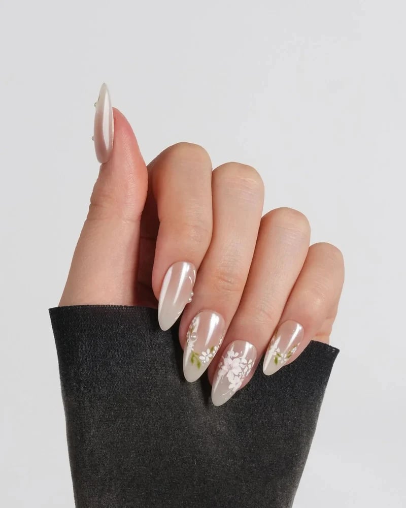 Sheer Pearlescent Nude Medium Almond Nails with Floral Art — Nude Nails