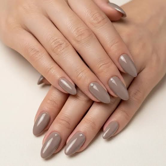 Glossy Taupe Nude Medium Almond Nails — Nude Nails