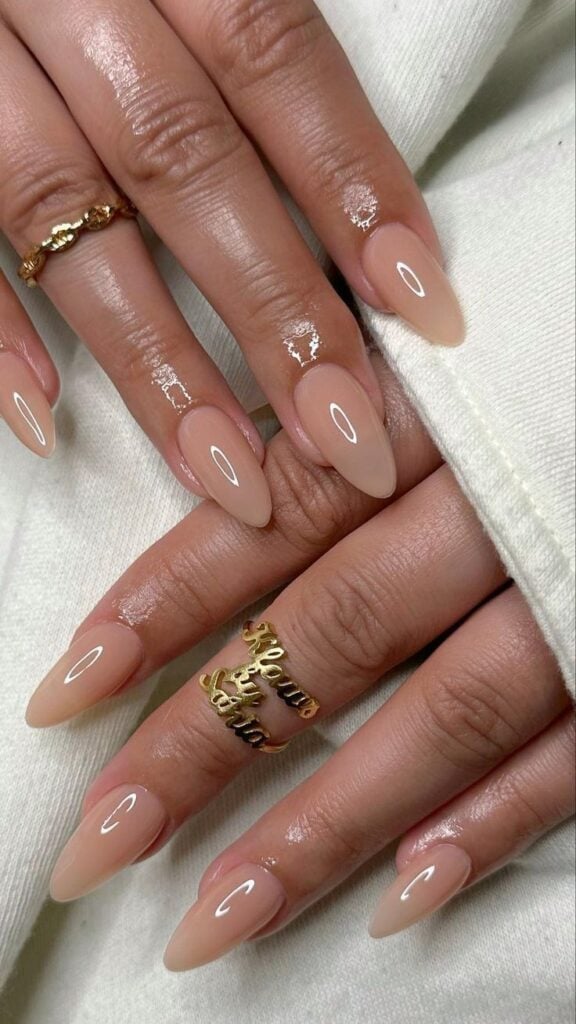 Sheer Nude Glossy Medium Almond Nails, Close-Up Take — Nude Nails