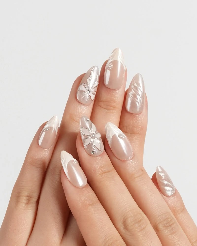 Pearlized Nude Beige Medium Almond Nails with 3D Florals — Nude Nails