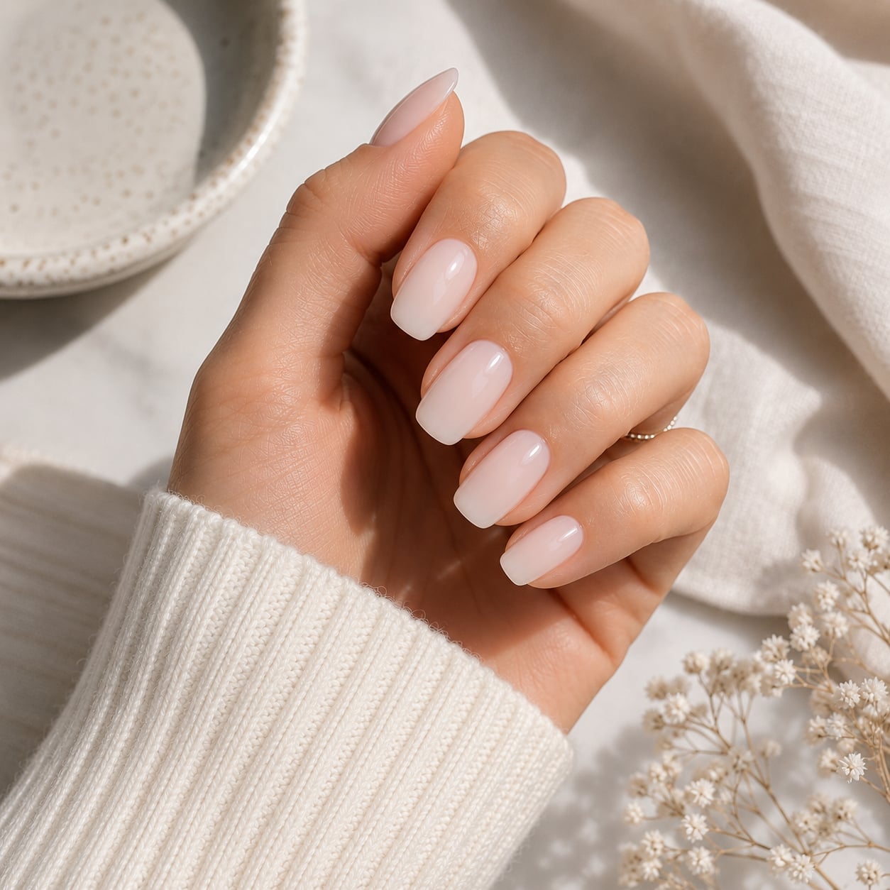 Sheer Milky Nude Glossy Short Oval Nails, Close-Up Take — Nude Nails