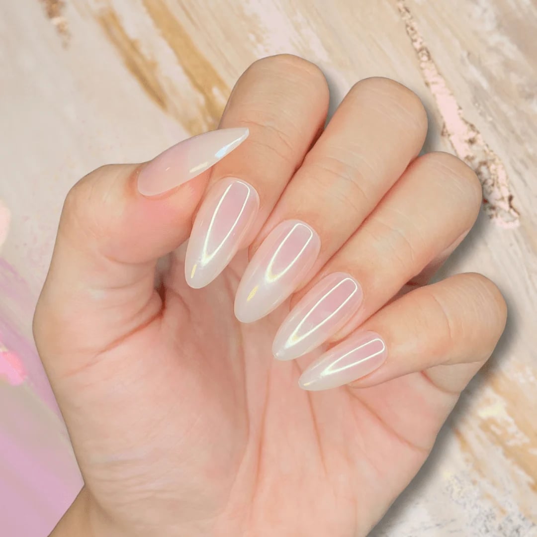 Milky Nude Iridescent Chrome Medium Almond Nails — Nude Nails