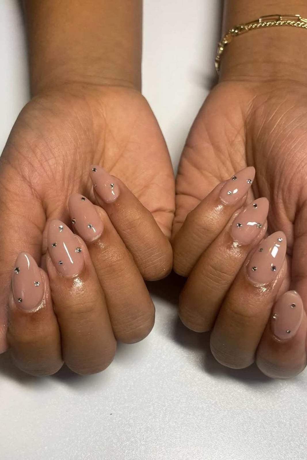 Light Pink Nude Glossy Short Almond Nails with Rhinestones — Nude Nails