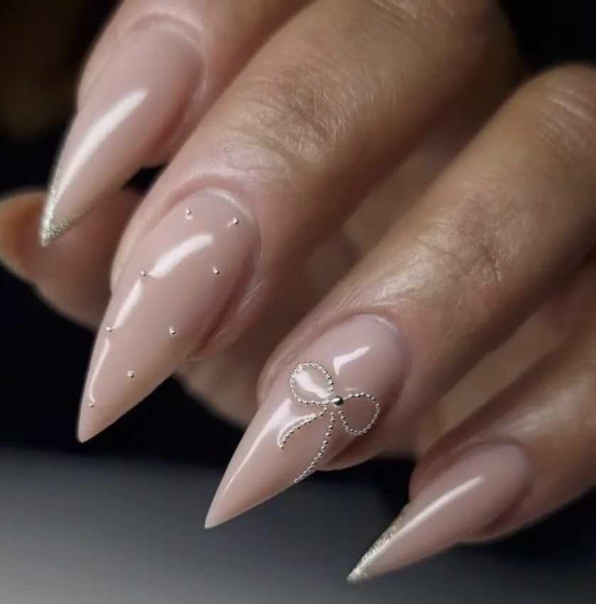 Opaque Nude Beige Glossy Long Stiletto Nails with 3D Bow — Nude Nails