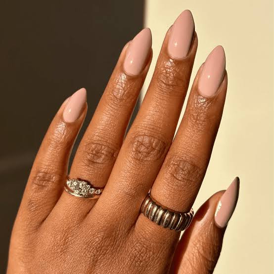 Opaque Peachy Nude Glossy Short Almond Nails — Nude Nails