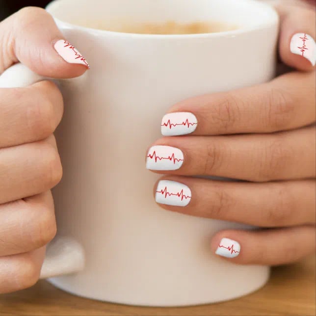 White Red Heartbeat Line Art Short Square Nails White Red Heartbeat Line Art Short Square Nails — Nurse Nails