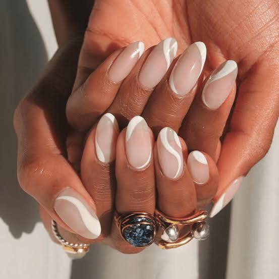White Abstract Lines Medium Oval Nails — Office Nails
