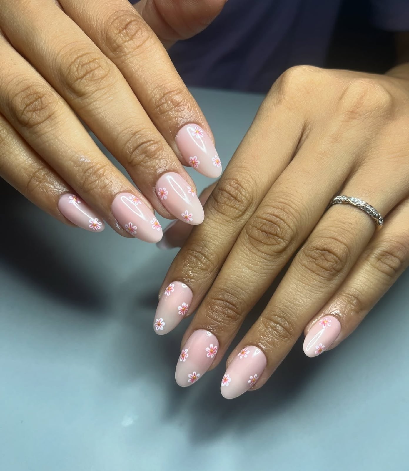 Pink to White Ombre Floral Short Almond Nails — Office Nails