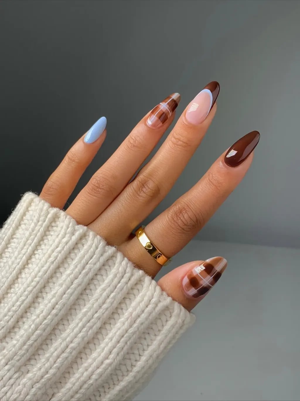 Brown French Tip Plaid Medium Almond Nails — Office Nails