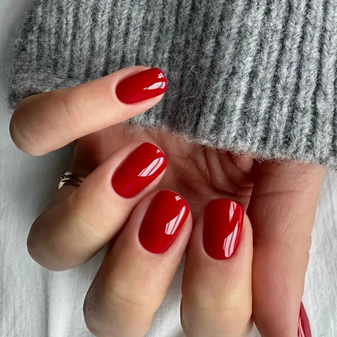 Vibrant Red Glossy Short Square Nails — Office Nails