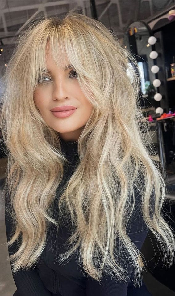 Long Shag With Sandy Blonde Highlights, Curtain Bangs — Old Money Blonde