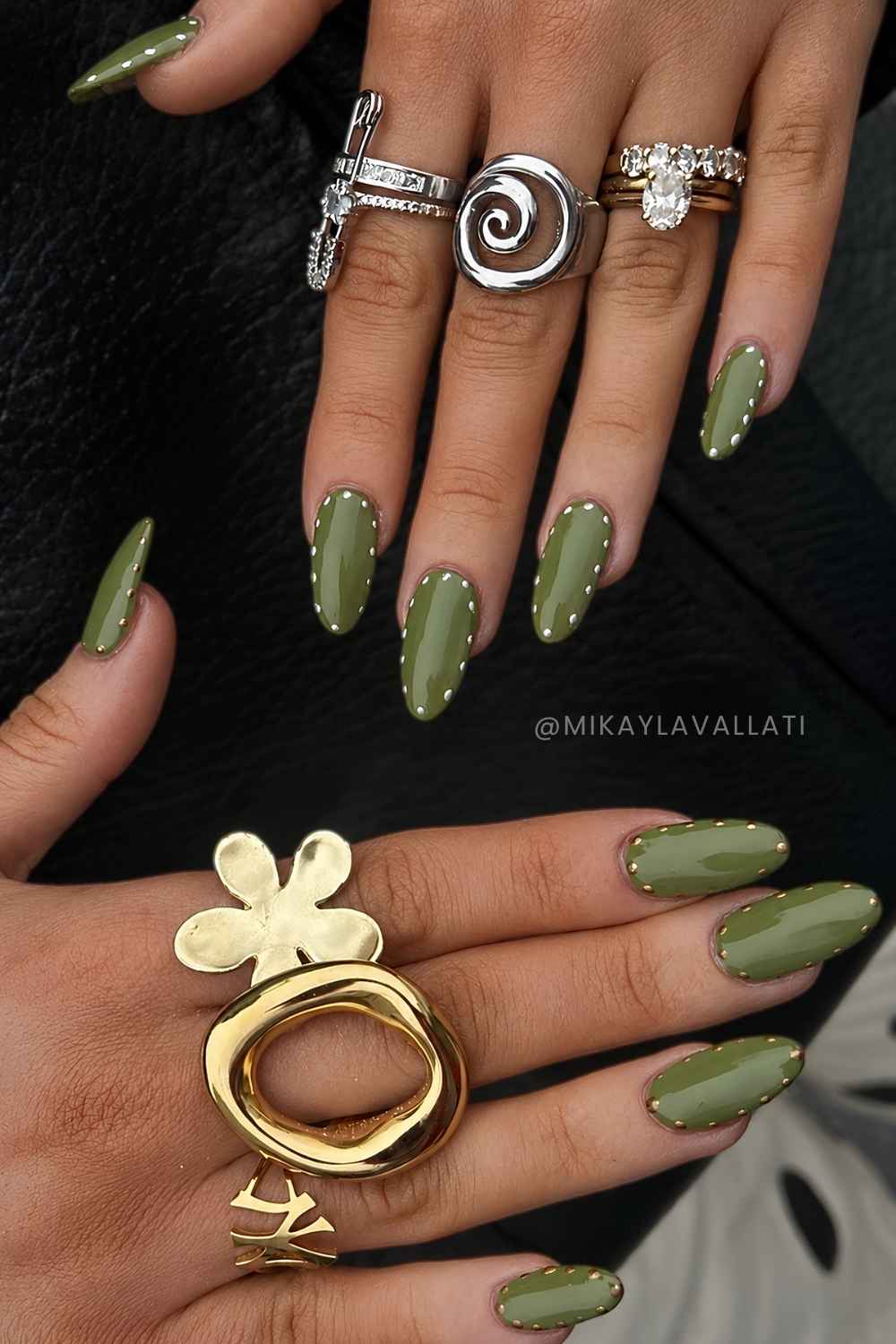 Muted Olive Green Gold Stud Medium Almond Nails, Glossy, Close-Up Take — Olive Green Nails