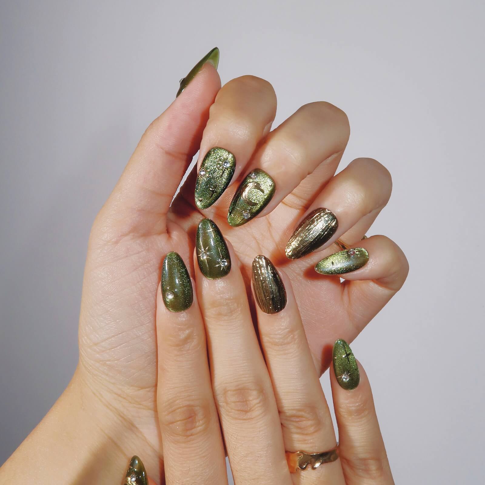 Mixed Olive Green Finishes Medium Long Almond Nails — Olive Green Nails