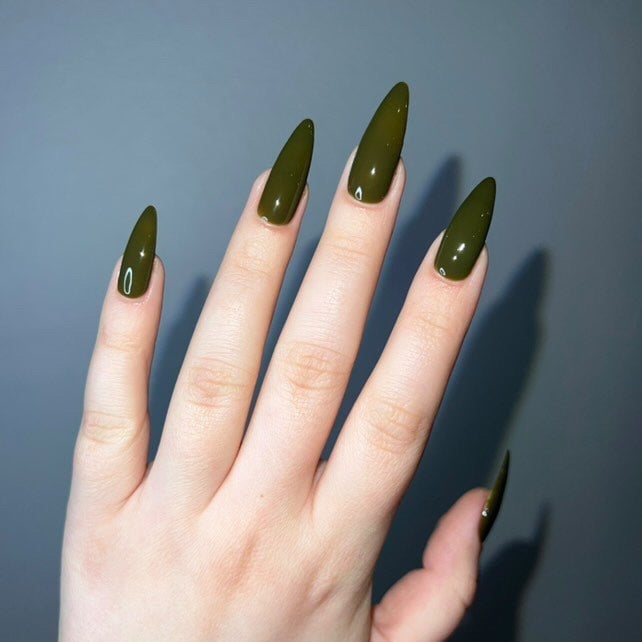 Sheer Jelly Olive Green Long Stiletto Nails — Olive Green Nails