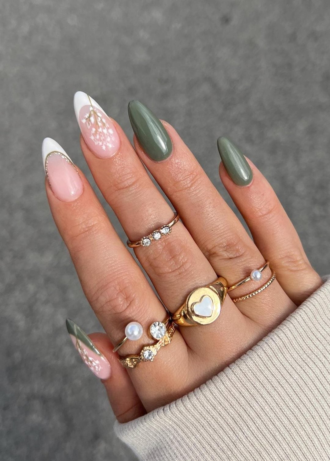 Olive Green Modern French Tip Long Stiletto Nails — Olive Green Nails