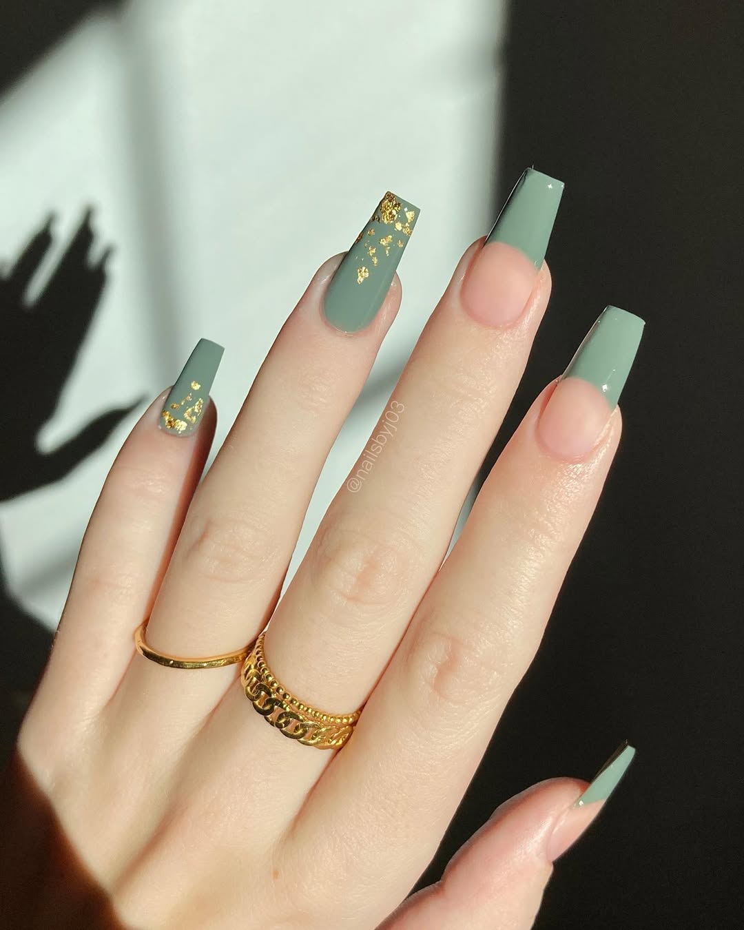 Olive Green Gold Foil Long Coffin Nails — Olive Green Nails