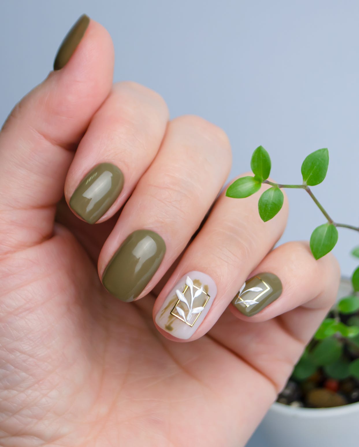 Olive Green Abstract Leaf Long Almond Nails — Olive Green Nails