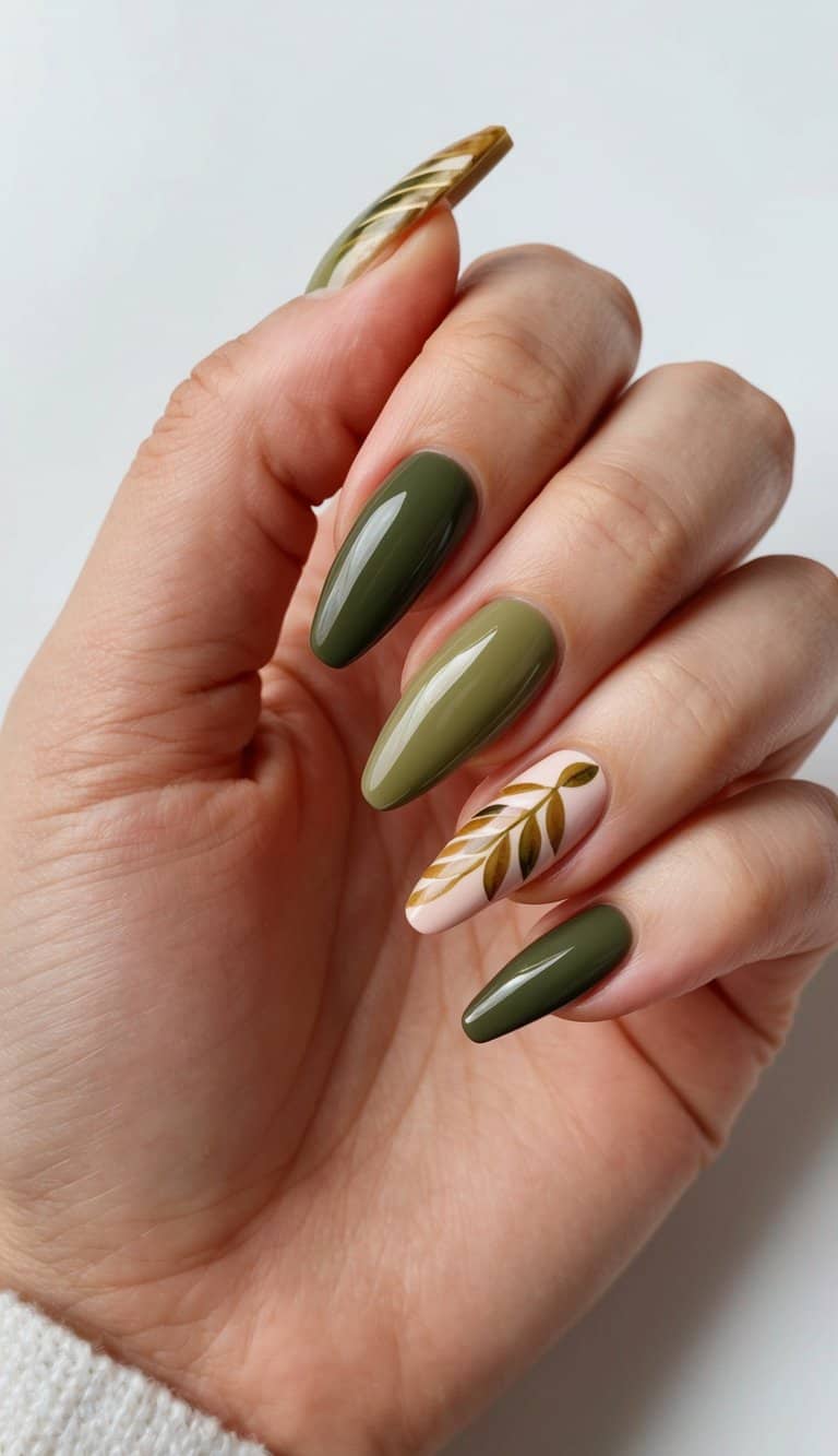 Olive Green Falling Leaves Medium Oval Nails — Olive Green Nails