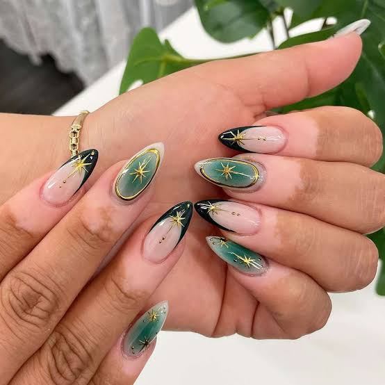 Olive Green Gradient Gold Star Medium Almond Nails — Olive Green Nails