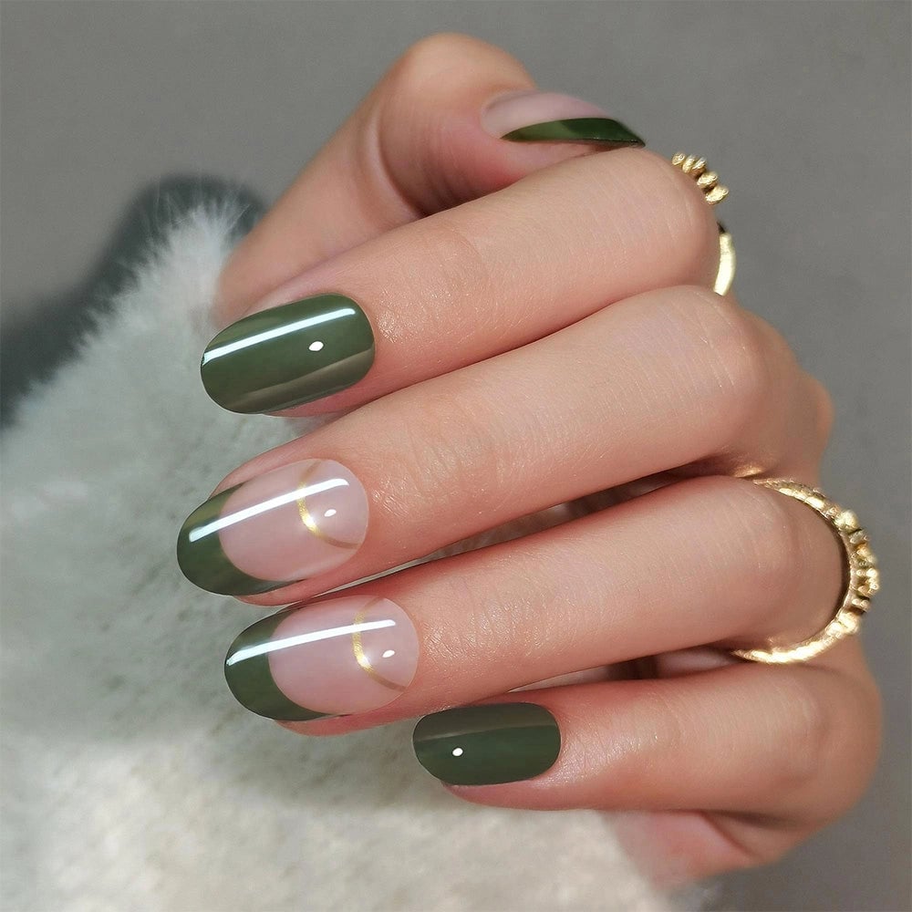Olive Green French Tip Short Oval Nails — Olive Green Nails
