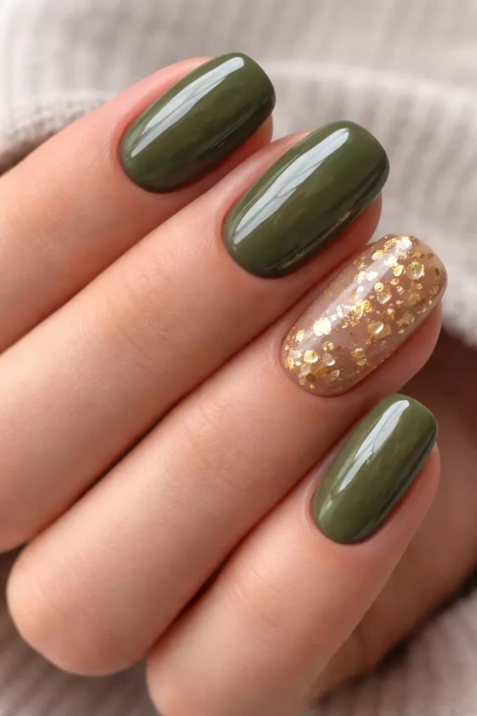 Olive Green Gold Glitter Accent Short Oval Nails — Olive Green Nails
