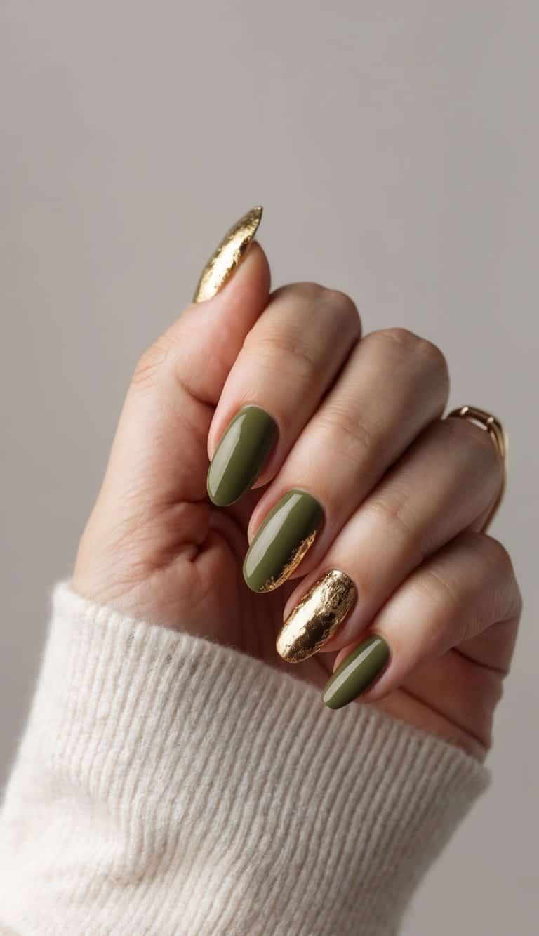 Olive Green Gold Foil Accent Short Oval Nails, Glossy — Olive Green Nails