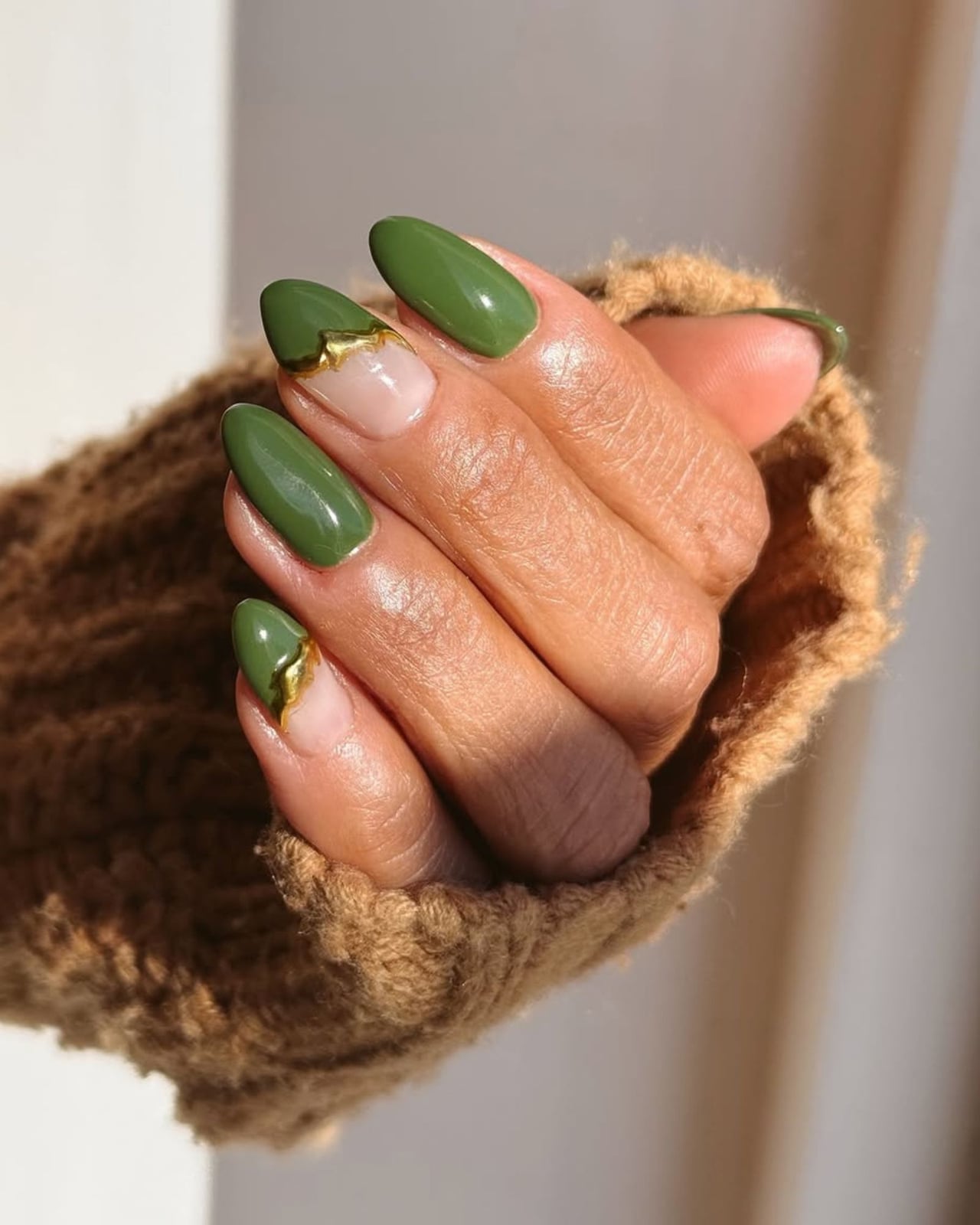 Olive Green Gold Foil Cuticle Short Almond Nails — Olive Green Nails