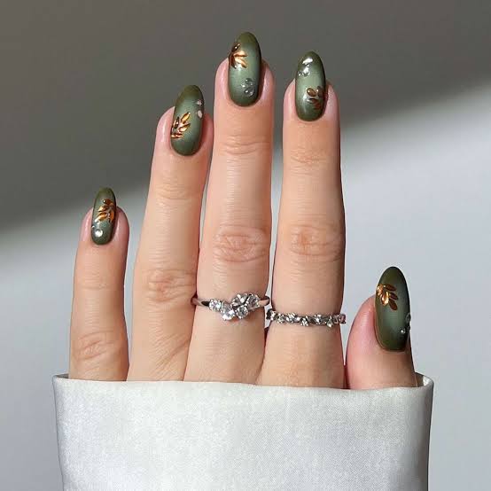 Olive Green Gold Leaf Cuticle Short Almond Nails, Glossy — Olive Green Nails
