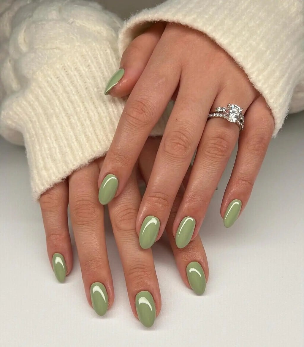 Light Olive Green Minimal French Short Almond Nails — Olive Green Nails
