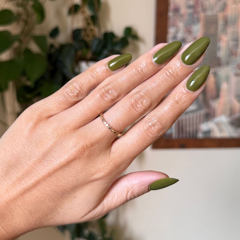 Deep Olive Green Medium Almond Nails — Olive Green Nails