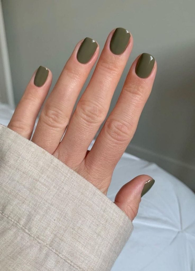 Opaque Olive Green Short Soft Square Nails — Olive Green Nails