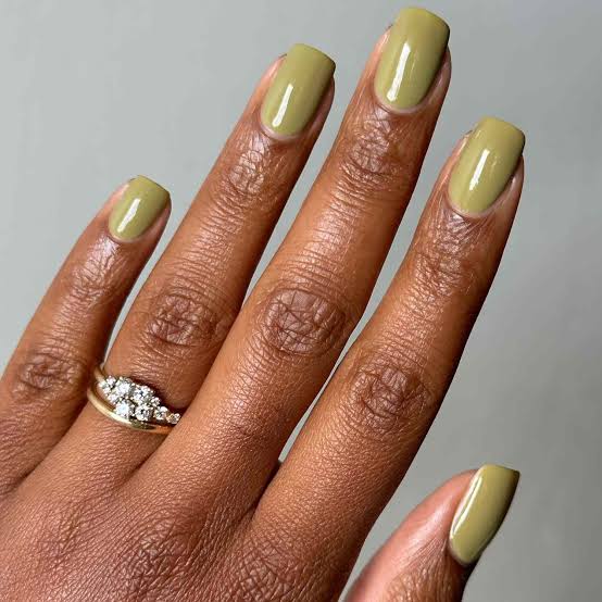 Warm Olive Green Medium Soft Square Nails — Olive Green Nails
