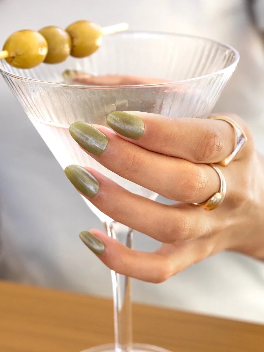 Muted Olive Green Shimmer Medium Almond Nails — Olive Green Nails