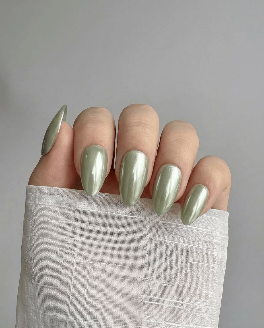 Light Olive Green Pearl Finish Medium Almond Nails — Olive Green Nails