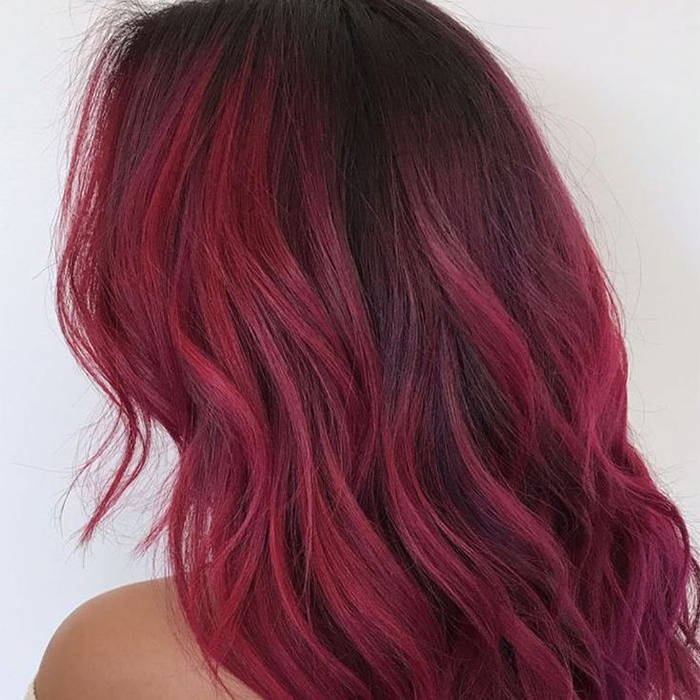 Mid-Back Dark Brown to Deep Red Purple Ombre, Wavy — Ombre Hair