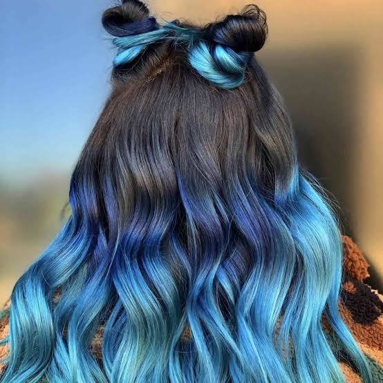 Mid-Back Dark Brown to Bright Blue Ombre Waves — Ombre Hair