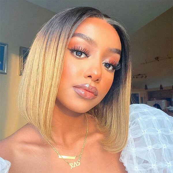 Chin Length Bob Dark Roots to Blonde Ombre, With A Fine Texture — Ombre Hair