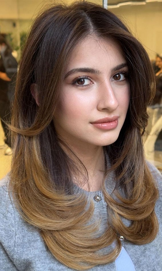 Face-Framing Layers Dark Brown Base Blonde Balayage — Ombre Hair