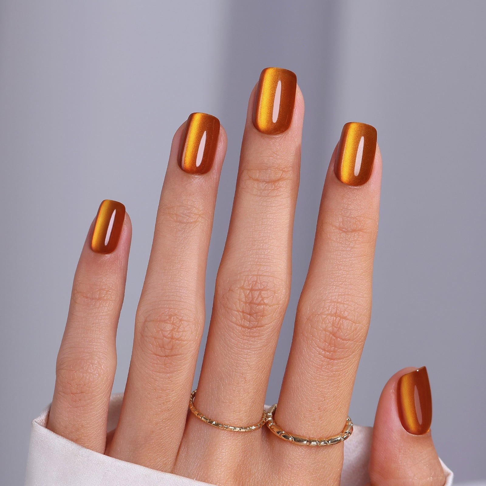 Burnt Orange Cat Eye Short Square Nails