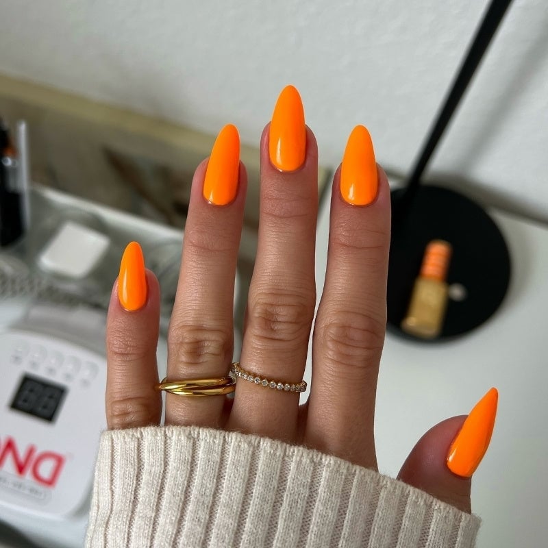 Striking Neon Orange Glossy Short Almond Nails — Orange Nails