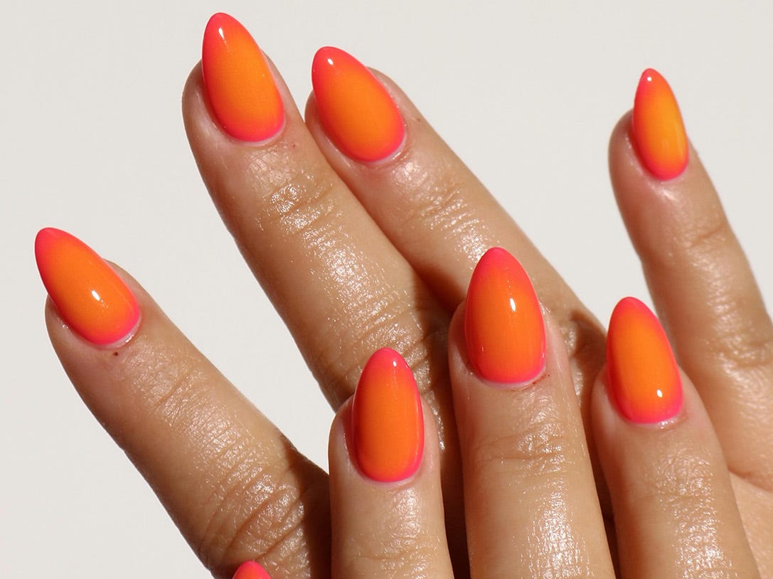Neon Orange to Pink Gradient Short Almond Nails — Orange Nails