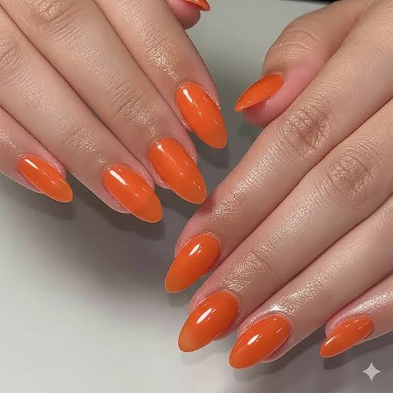 Vibrant Glossy Orange Short Almond Nails — Orange Nails