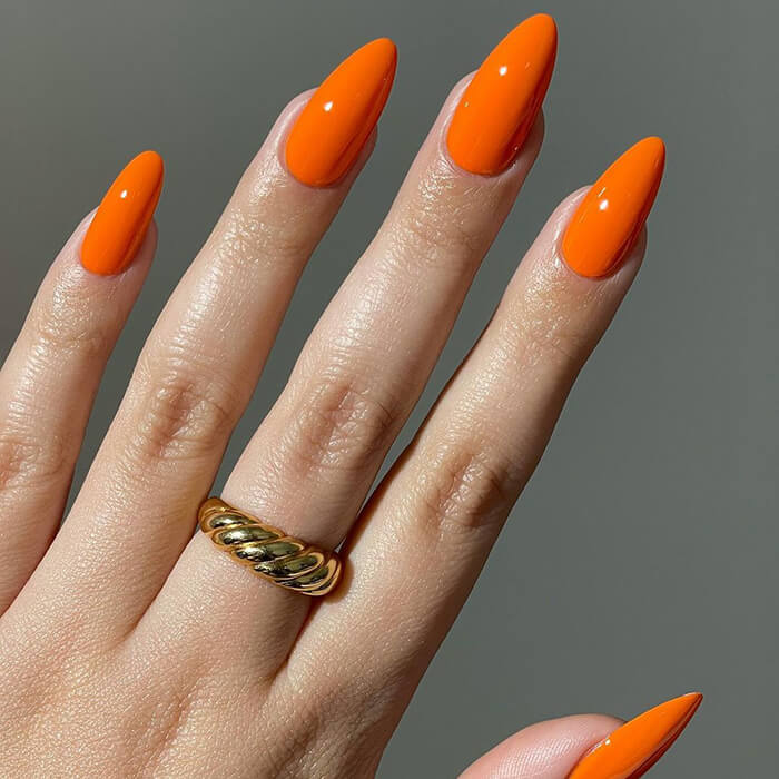 Saturated Glossy Orange Medium Almond Nails — Orange Nails