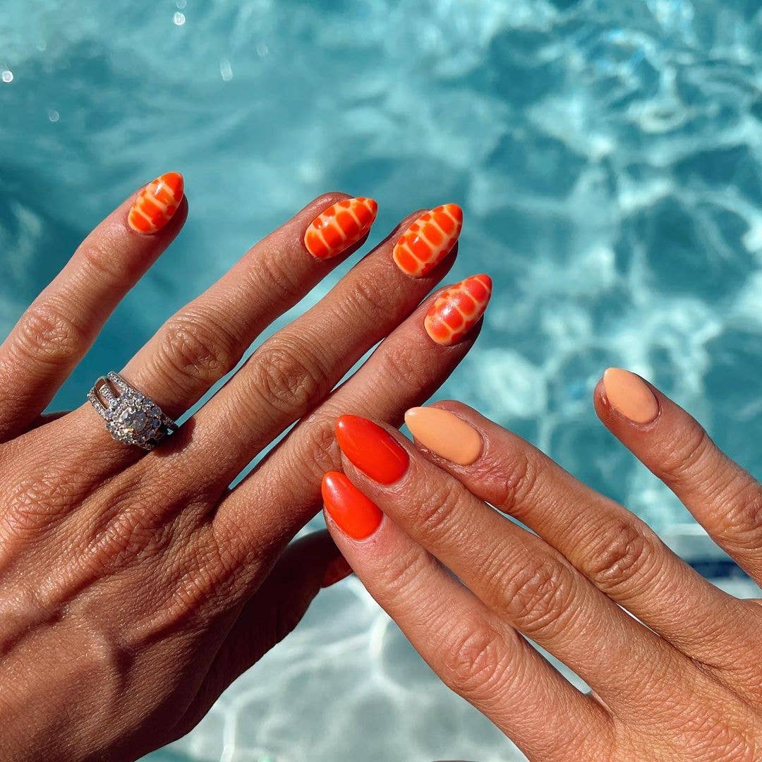 Vibrant Orange and Peach Nails with Scale Pattern — Orange Nails